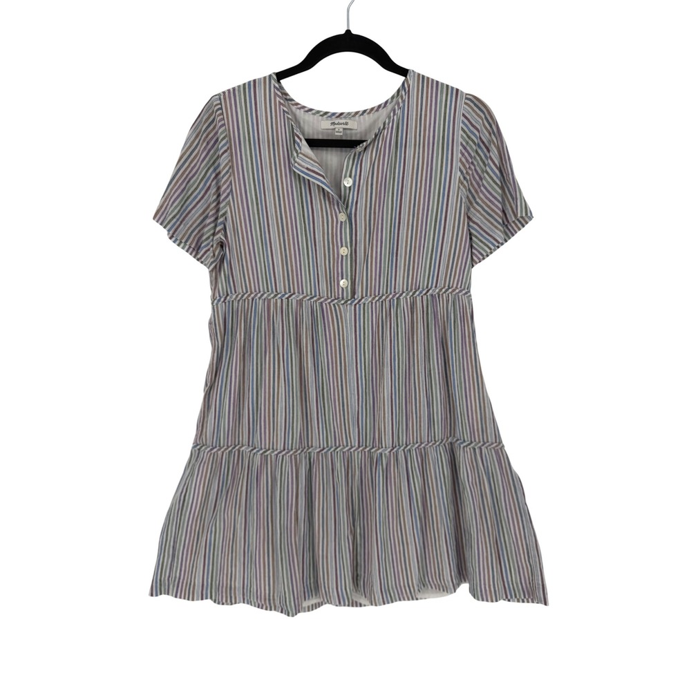 Madewell Women Small Multi-Color Striped Tiered Mini Dress Short Sleeve Cotton